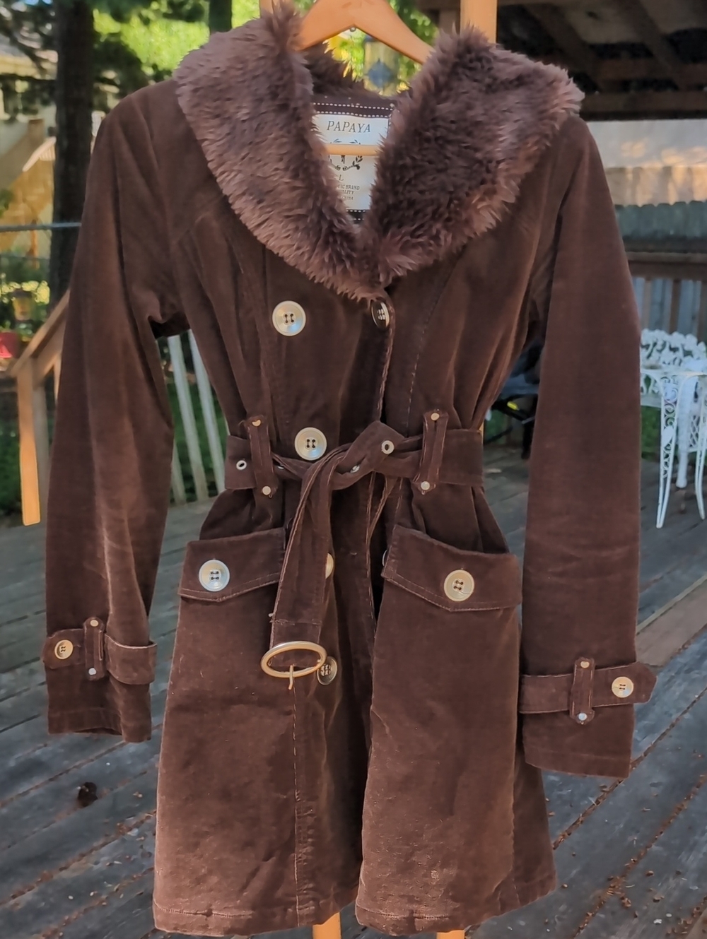 Papaya Brown Faux-Fur Collar Trench Coat